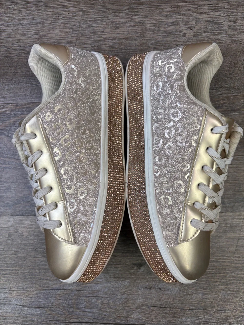 UUBARIS Gold Glitter Leopard Platform Sneakers Rhinestone Sole Women’s Size 7.5